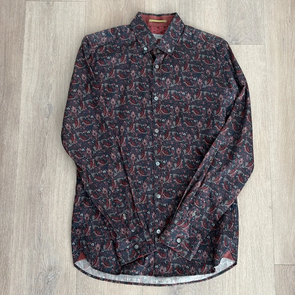 Ted Baker Mens Paisley Long Sleeve Shirt Size 2 36 Small Navy Blue Burgundy - Picture 4 of 13